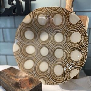 Large Vintage Pressed Glass Bowl Gold Geometric Retro Mid Century Centerpiece